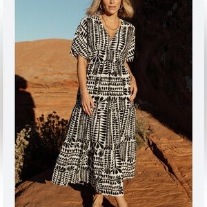 New Baltic Born Austin Kimono Dress in black and cream print v-neck short sleeve